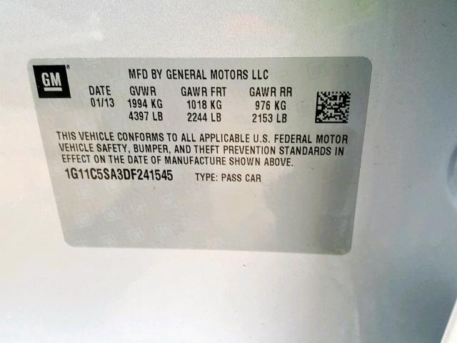 1G11C5SA3DF241545 - 2013 CHEVROLET MALIBU 1LT 银色 照片 10