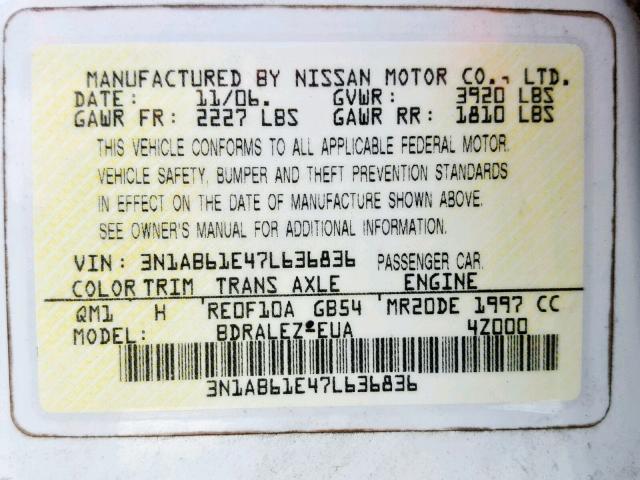 3N1AB61E47L636836 - 2007 NISSAN SENTRA 2.0 WHITE photo 10