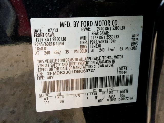 2FMDK3JC1DBC69727 - 2013 FORD EDGE SEL BLACK photo 10