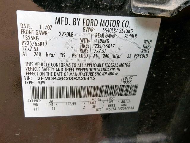 2FMDK46C08BA26415 - 2008 FORD EDGE SE BLACK photo 10