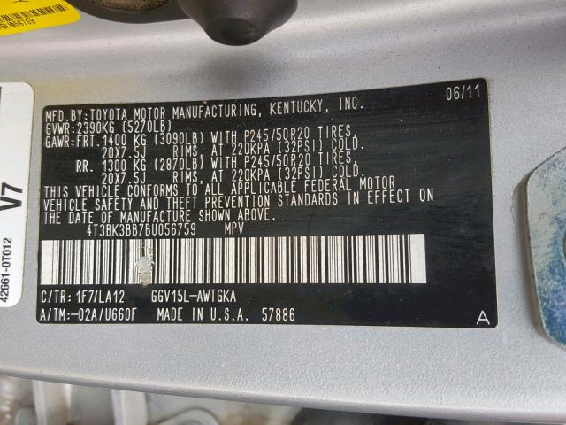 4T3BK3BB7BU056759 - 2011 TOYOTA VENZA SILVER photo 10