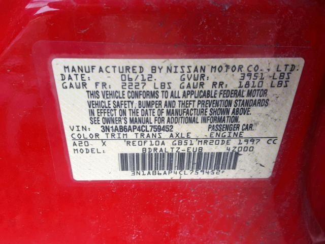 3N1AB6AP4CL759452 - 2012 NISSAN SENTRA 2.0 RED photo 10