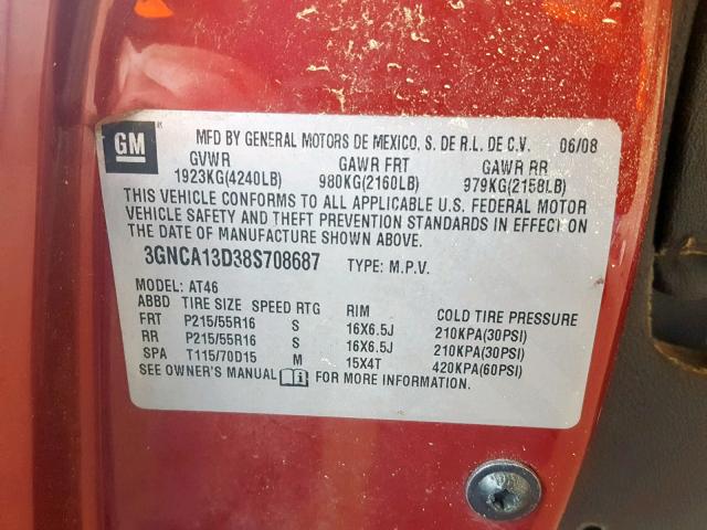 3GNCA13D38S708687 - 2008 CHEVROLET HHR LS ბურგუნდია ფოტო 10