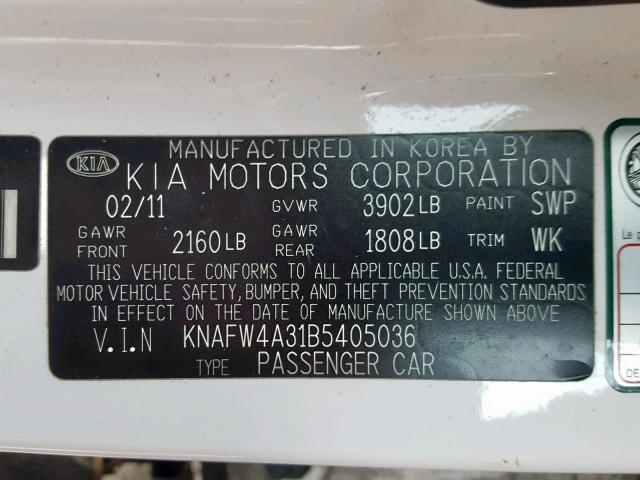 KNAFW4A31B5405036 - 2011 KIA FORTE SX WHITE photo 10