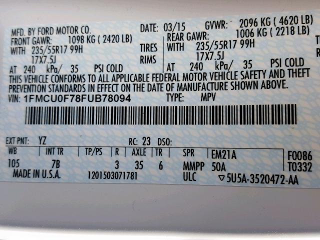 1FMCU0F78FUB78094 - 2015 FORD ESCAPE S WHITE photo 10