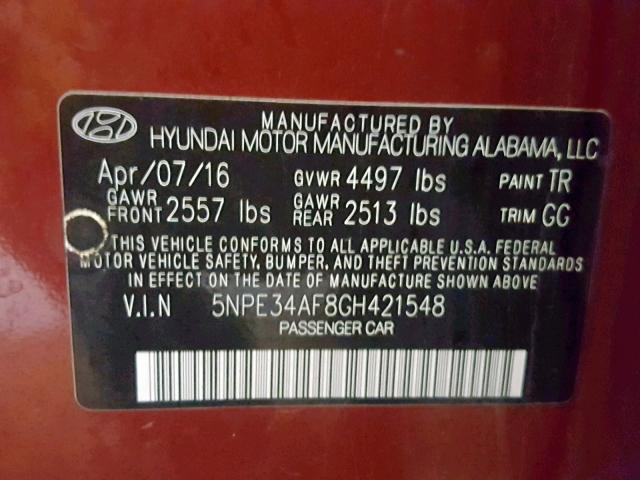 5NPE34AF8GH421548 - 2016 HYUNDAI SONATA SPO RED photo 10