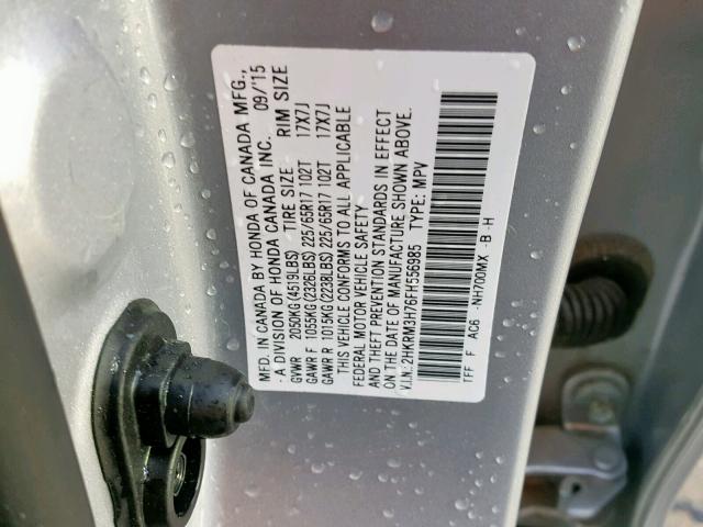 2HKRM3H76FH556985 - 2015 HONDA CR-V EXL SILVER photo 10