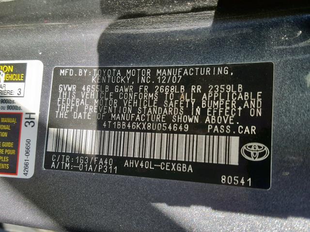 4T1BB46KX8U054649 - 2008 TOYOTA CAMRY HYBR BLACK photo 10