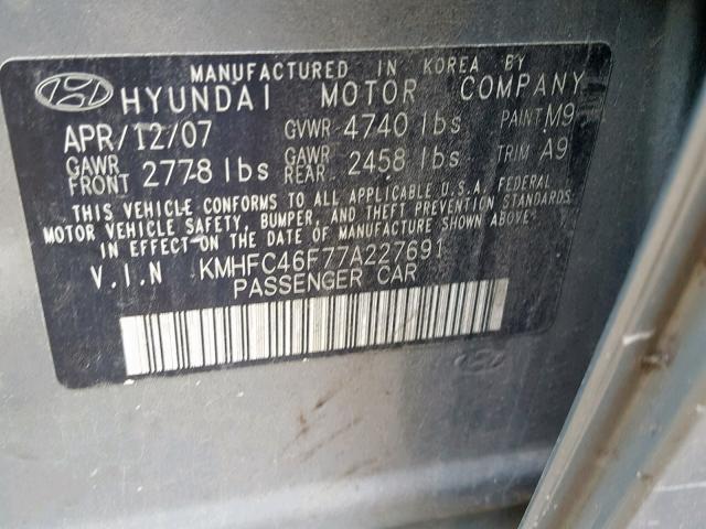 KMHFC46F77A227691 - 2007 HYUNDAI AZERA SE GREEN photo 10