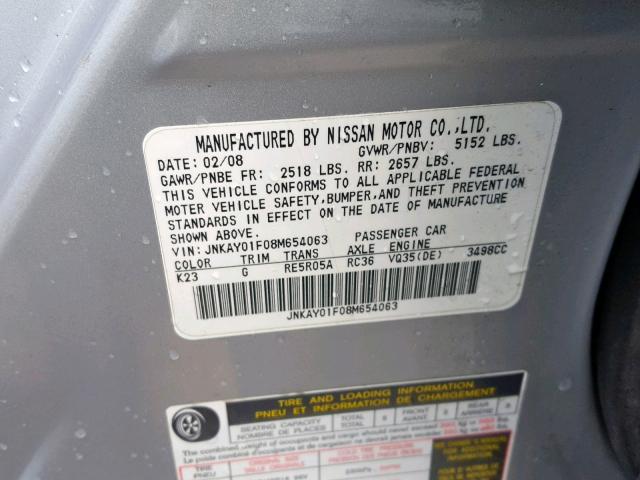 JNKAY01F08M654063 - 2008 INFINITI M35 BASE SILVER photo 10