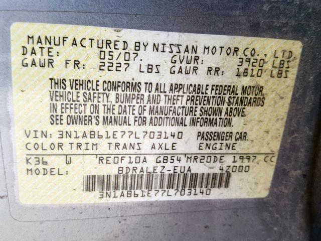 3N1AB61E77L703140 - 2007 NISSAN SENTRA 2.0 SILVER photo 10