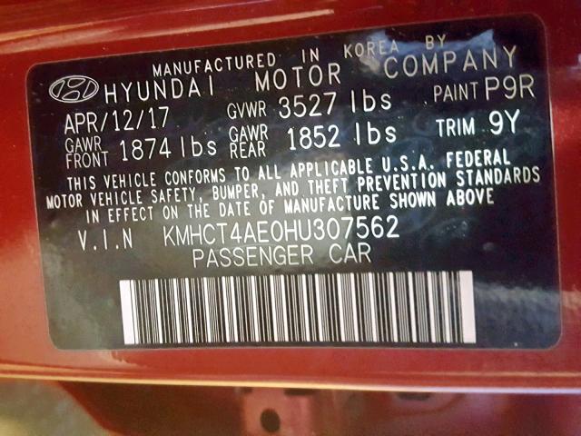 KMHCT4AE0HU307562 - 2017 HYUNDAI ACCENT SE RED photo 10