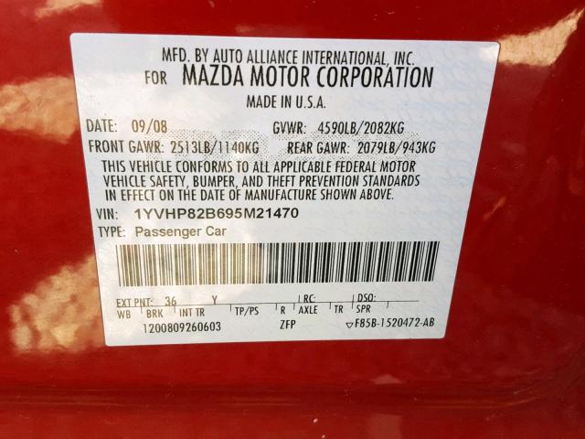 1YVHP82B695M21470 - 2009 MAZDA 6 S RED photo 10