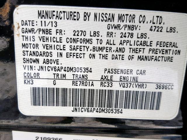 JN1CV6AP4DM305354 - 2013 INFINITI G37 BASE BLACK photo 10