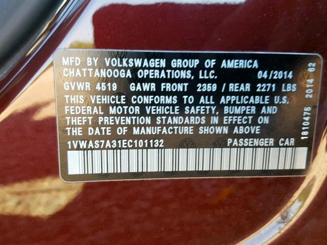 1VWAS7A31EC101132 - 2014 VOLKSWAGEN PASSAT S MAROON photo 10