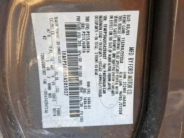 1FAFP56U05A285027 - 2005 FORD TAURUS SEL GRAY photo 10