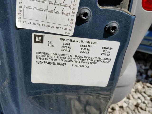 1G4HP54K41U189667 - 2001 BUICK LESABRE CU BLUE photo 10