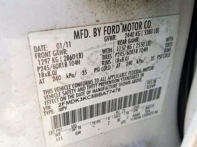 2FMDK3KC5BBA77478 - 2011 FORD EDGE LIMIT WHITE photo 10