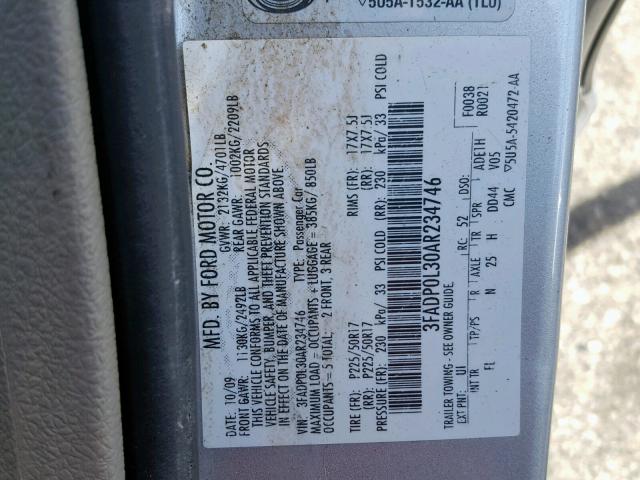 3FADP0L30AR234746 - 2010 FORD FUSION HYB SILVER photo 10