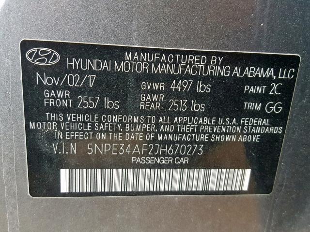 5NPE34AF2JH670273 - 2018 HYUNDAI SONATA SPO GRAY photo 10