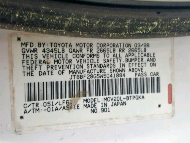 JT8BF28G5W5041884 - 1998 LEXUS ES 300 WHITE photo 10