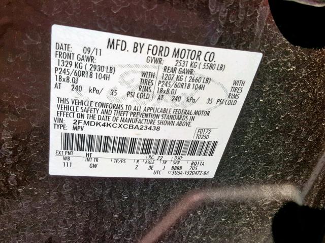 2FMDK4KCXCBA23438 - 2012 FORD EDGE LIMIT BURGUNDY photo 10