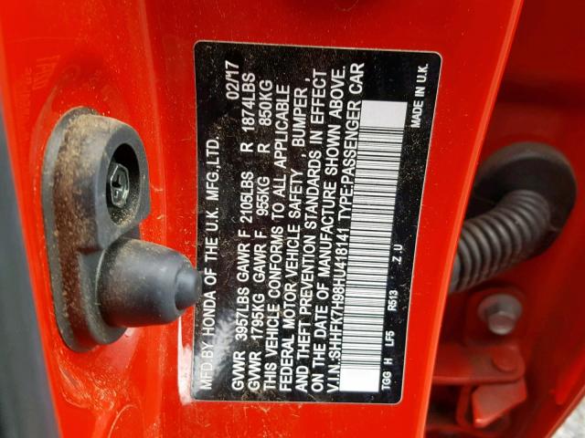 SHHFK7H98HU418141 - 2017 HONDA CIVIC SPOR RED photo 10