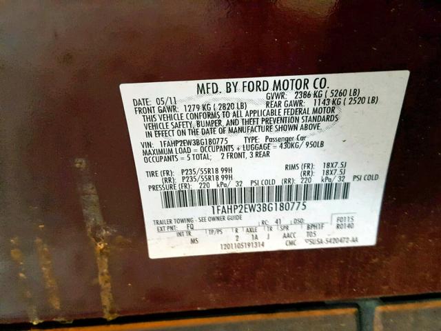 1FAHP2EW3BG180775 - 2011 FORD TAURUS SEL MAROON photo 10