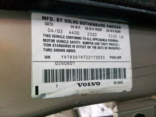 YV1RS61R722173033 - 2002 VOLVO S60 GOLD photo 10