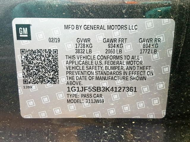 1G1JF5SB3K4127361 - 2019 CHEVROLET SONIC PREM GRAY photo 10