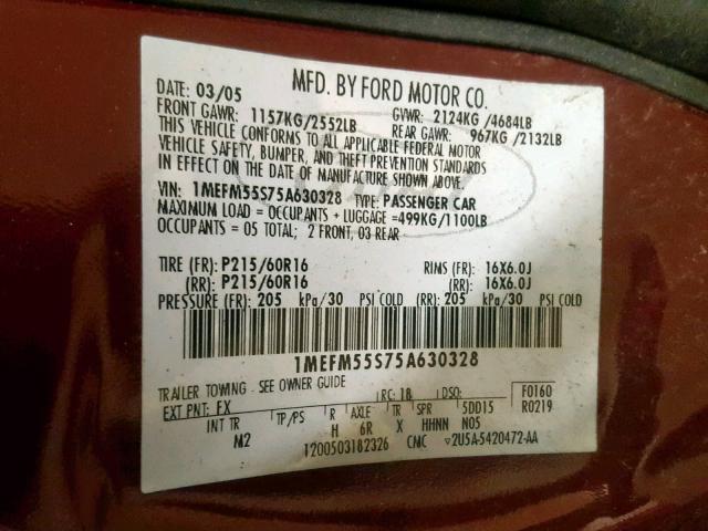 1MEFM55S75A630328 - 2005 MERCURY SABLE LS P MAROON photo 10