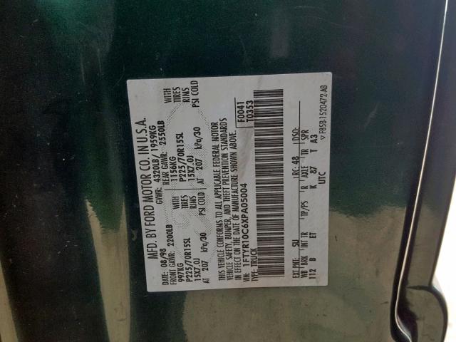 1FTYR10C6XPA05004 - 1999 FORD RANGER GREEN photo 10