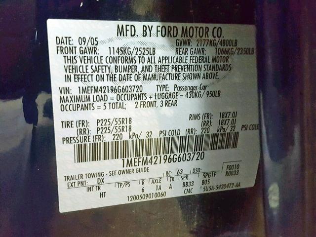 1MEFM42196G603720 - 2006 MERCURY MONTEGO PR 蓝色 照片 10