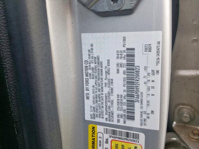 3FA6P0H92FR200823 - 2015 FORD FUSION SE SILVER photo 10