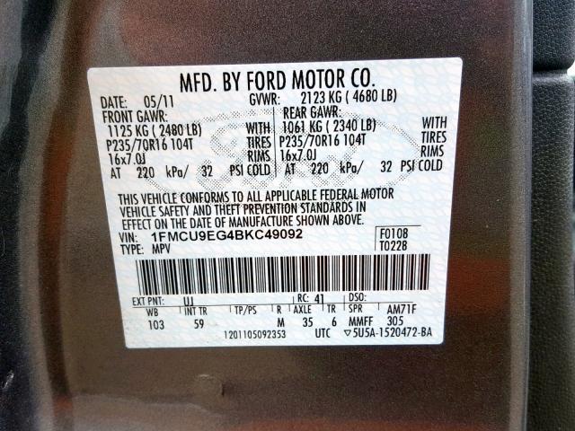 1FMCU9EG4BKC49092 - 2011 FORD ESCAPE LIM GRAY photo 10