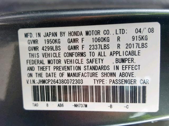 JHMCP26438C072303 - 2008 HONDA ACCORD LXP GRAY photo 10