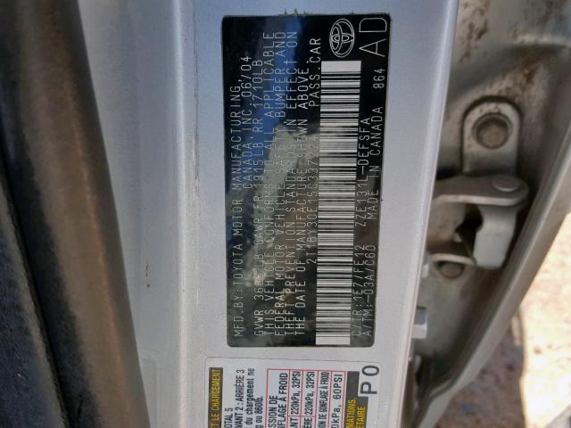 2T1BY30E15C337224 - 2005 TOYOTA COROLLA XR SILVER photo 10