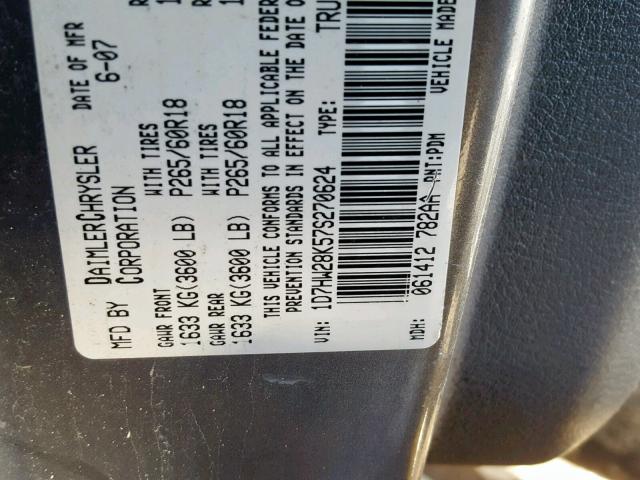 1D7HW28K57S270624 - 2007 DODGE DAKOTA QUA GRAY photo 10