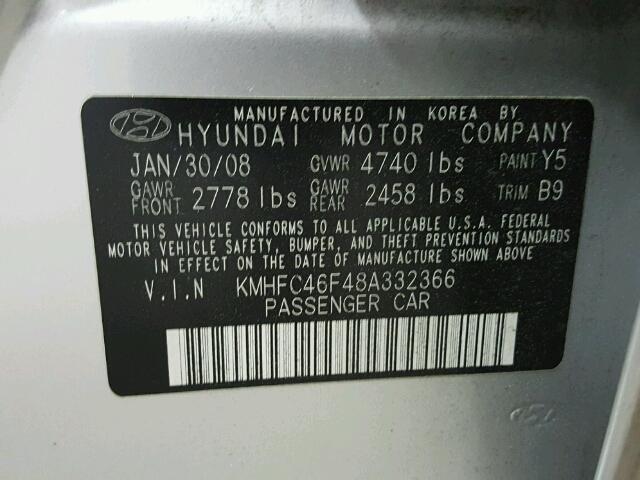 KMHFC46F48A332366 - 2008 HYUNDAI AZERA SE SILVER photo 10