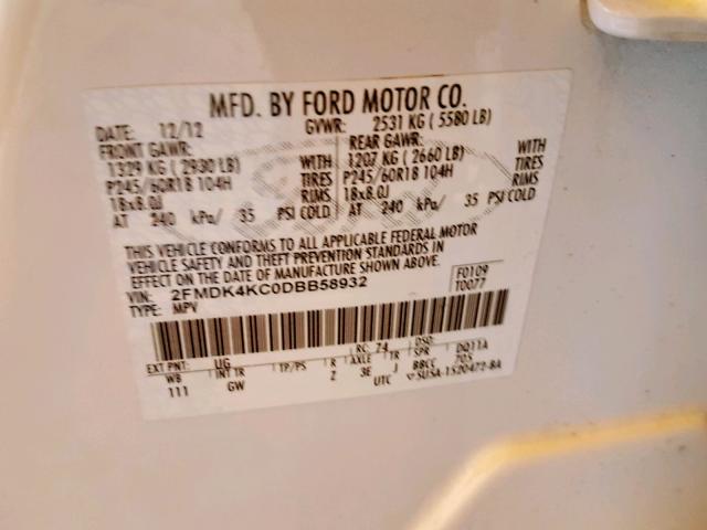 2FMDK4KC0DBB58932 - 2013 FORD EDGE LIMIT WHITE photo 10