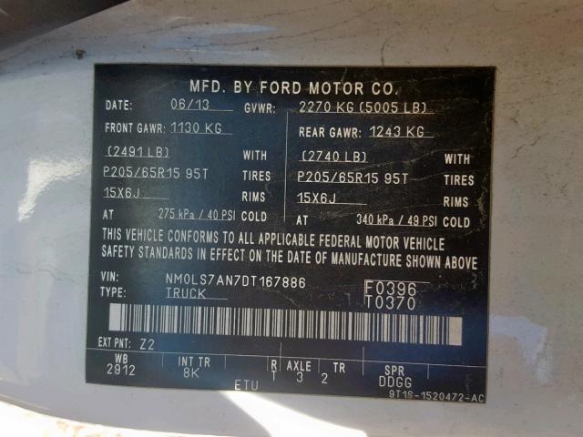 NM0LS7AN7DT167886 - 2013 FORD TRANSIT CO WHITE photo 10