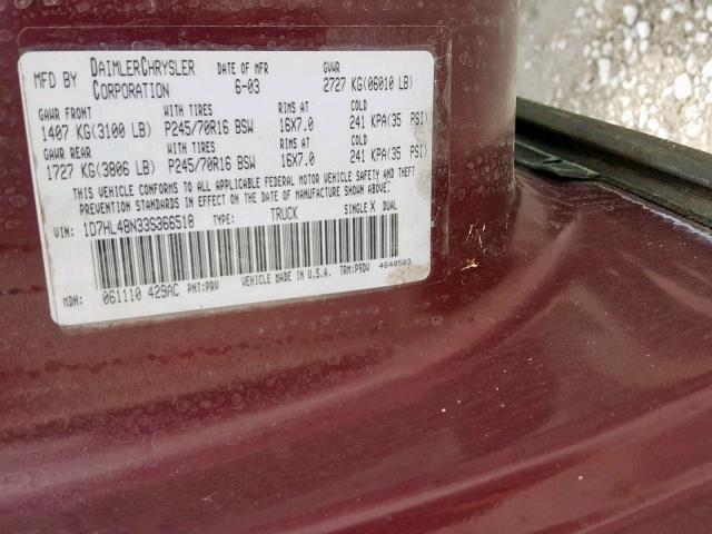 1D7HL48N33S366518 - 2003 DODGE DAKOTA QUA MAROON photo 10