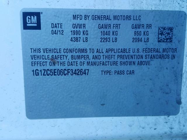 1G1ZC5E06CF342647 - 2012 CHEVROLET MALIBU 1LT 白色 照片 10