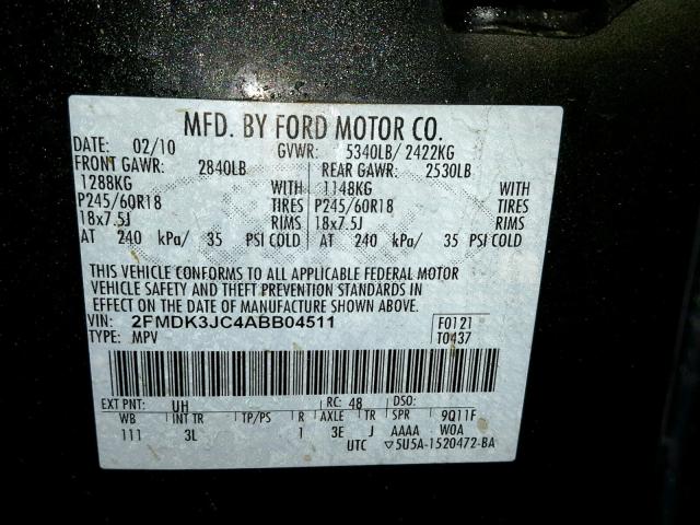 2FMDK3JC4ABB04511 - 2010 FORD EDGE SEL BLACK photo 10