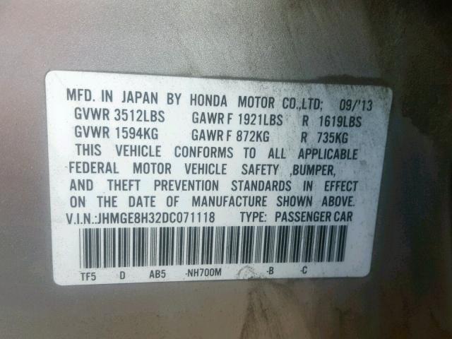 JHMGE8H32DC071118 - 2013 HONDA FIT SILVER photo 10