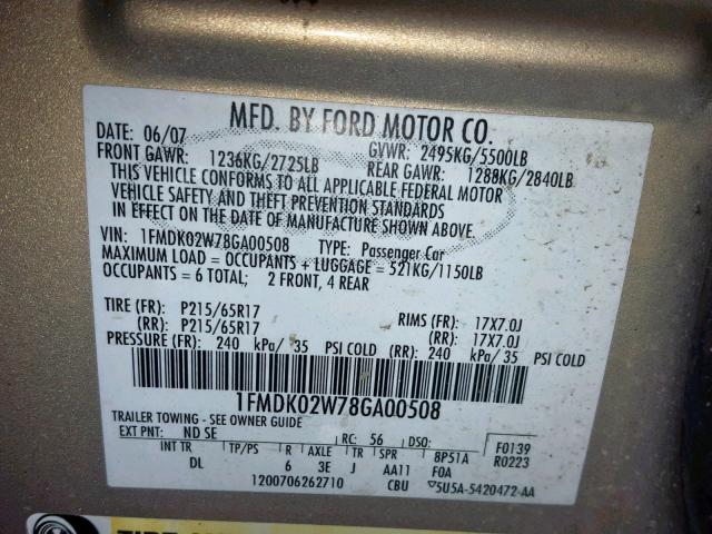 1FMDK02W78GA00508 - 2008 FORD TAURUS X S TAN photo 10