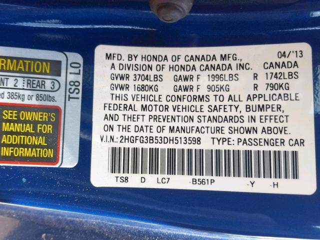 2HGFG3B53DH513598 - 2013 HONDA CIVIC LX BLUE photo 10