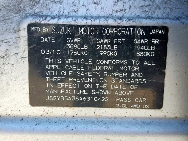 JS2YB5A38A6310422 - 2010 SUZUKI SX4 SILVER photo 10