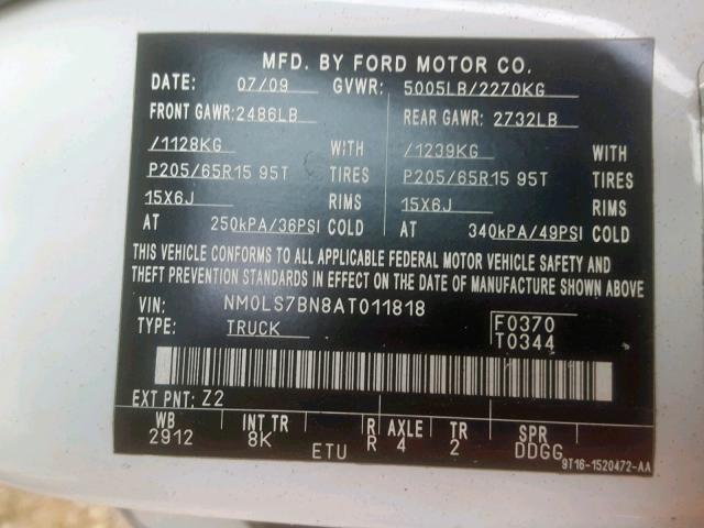 NM0LS7BN8AT011818 - 2010 FORD TRANSIT CO WHITE photo 10