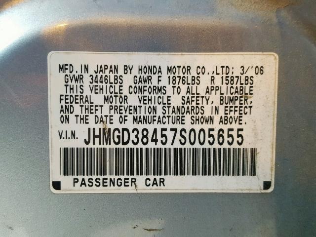 JHMGD38457S005655 - 2007 HONDA FIT BLUE photo 10